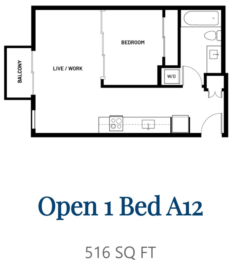 Floor plan for 1 bed, 1 bath, 507 sqft
